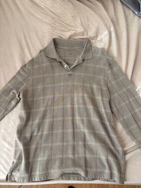 Geoffrey Beene Long-Sleeve Polo in Light Gray Plaid